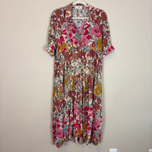 Natural Life Pink and Yellow Floral Print Collared V Neck Short Sleeve Midi Dres - Picture 1 of 7